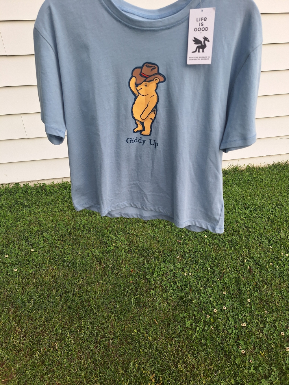 New With Tags Womens Size S Life is Good Giddy Up Bear Graphic Tee - Light Blue